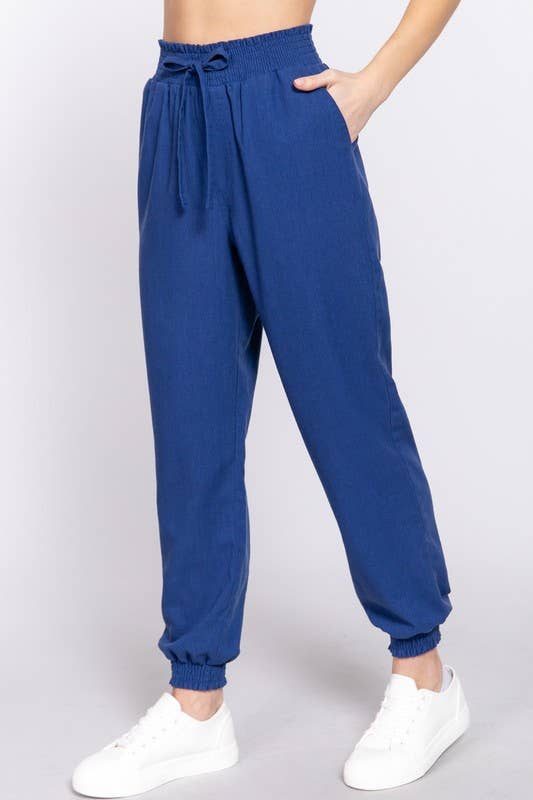 Smoked Waist Linen Jogger Pants: Blk-Black / S
