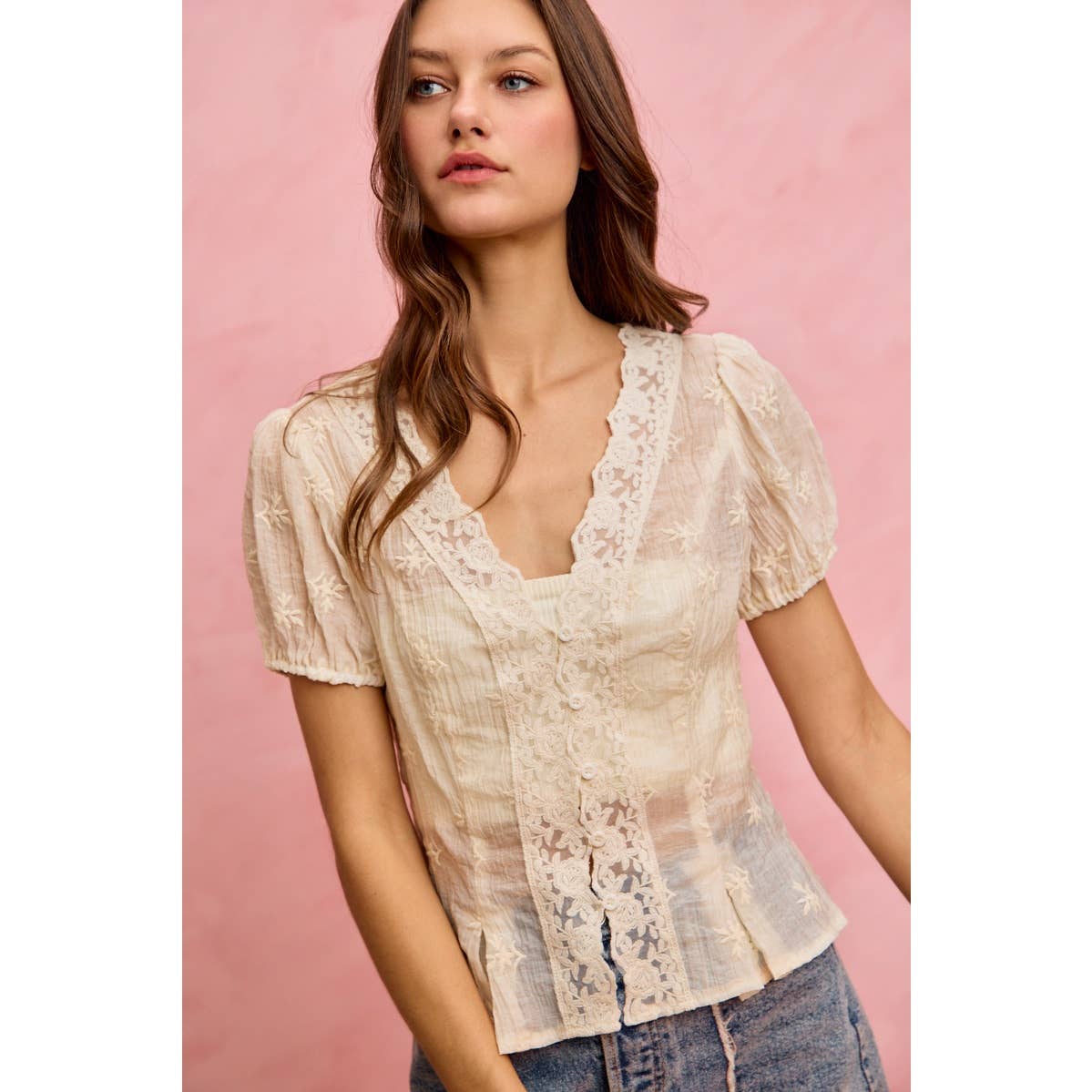 FLORAL EMBROIDERED TEXTURE WOVEN LACE BLOUSE TOP