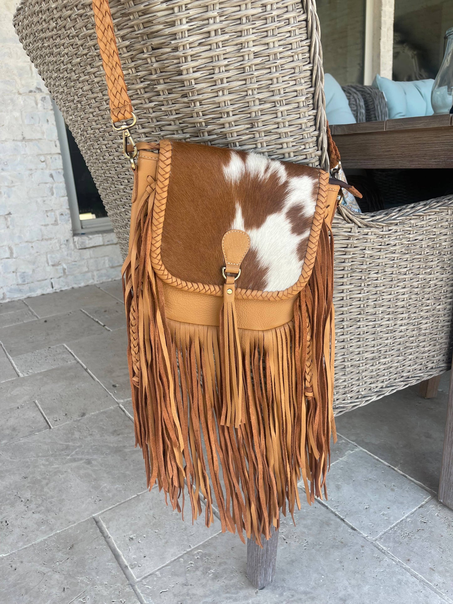 THE NANCY CROSSBODY Genuine Hairon Cowhide Leather Tassel: BLACK + WHITE COWHIDE