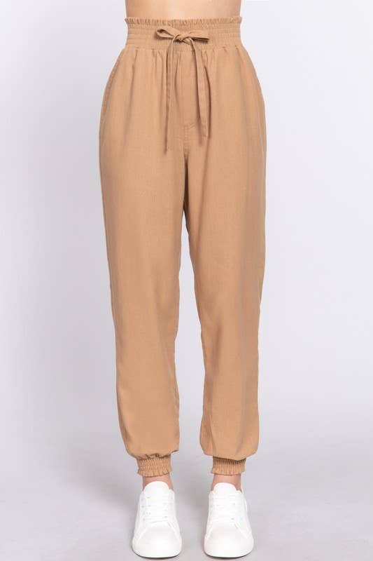 Smoked Waist Linen Jogger Pants: Blk-Black / M