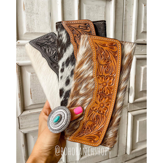 Tooled Leather Wallet Western Genuine Hand Tooled: BLACK + WHITE COWHIDE