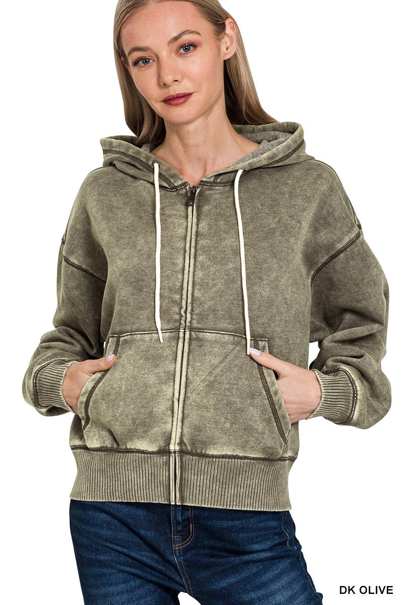 `Acid Wash Fleece Cropped Zip Up Hoodie - Zenana: MOCHA-159846 / S