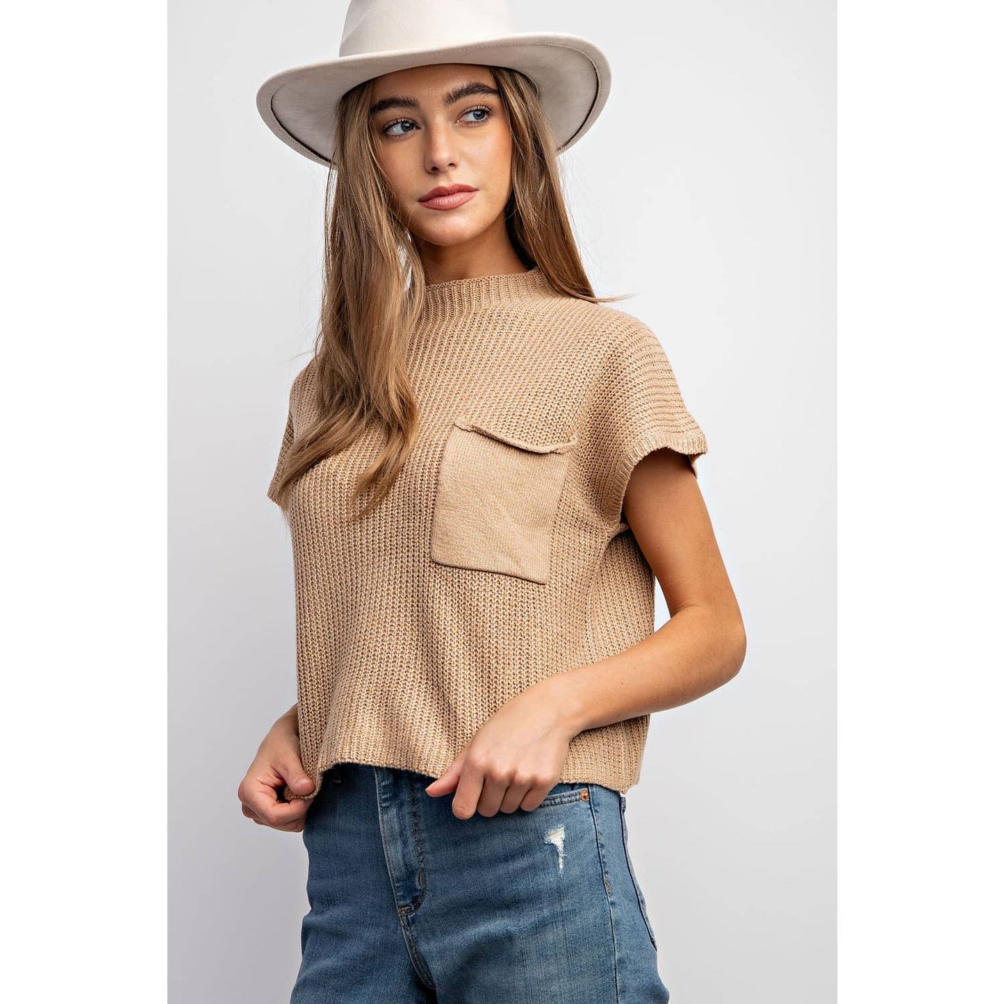 DROP SHOULDER RIB-KNIT SWEATER TOP : Taupe