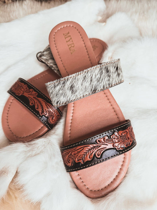 Tooled Leather & Black and White Cowhide flat sandals