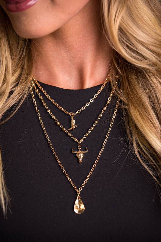 Gold Layer Chain Necklace w/ Cowboy Boot, Skull & Cowboy Hat
