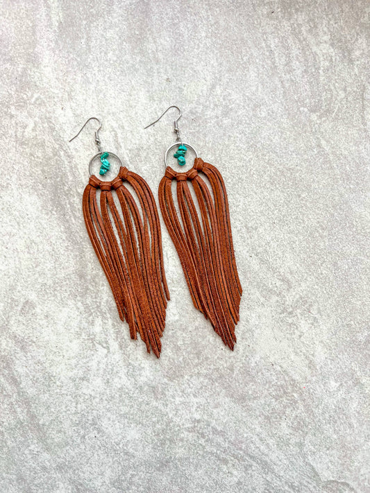 Bozeman Fringe Earrings w/ Turquoise Beads: Brown