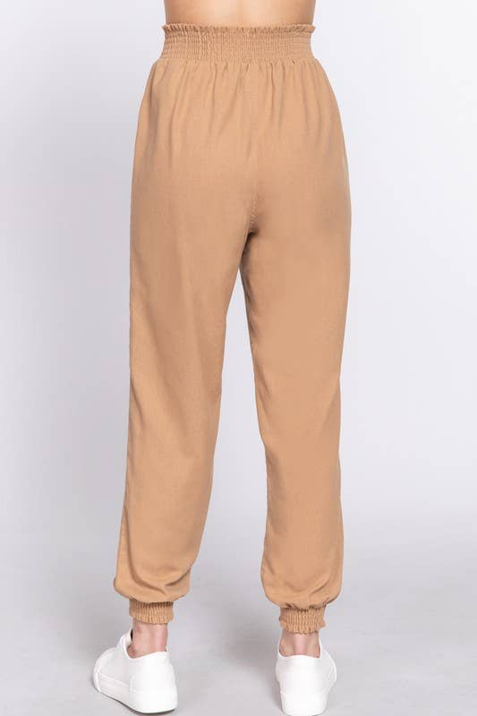 Smoked Waist Linen Jogger Pants: Blk-Black / S