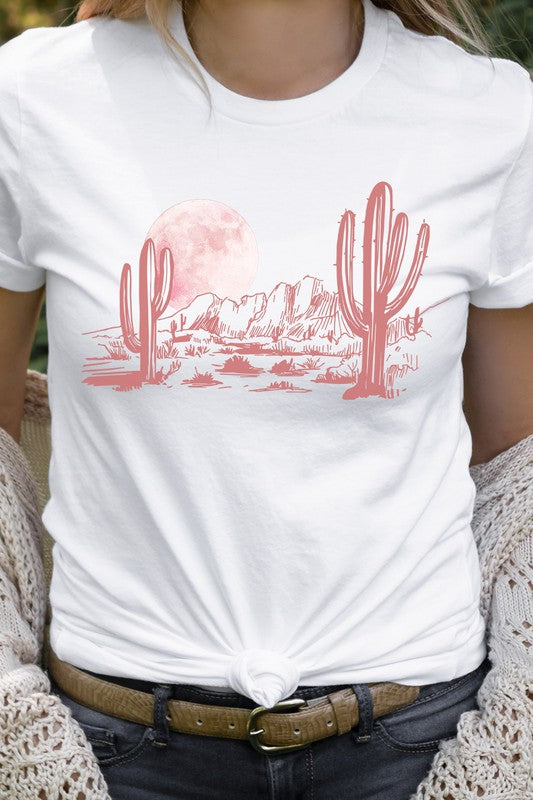 Pink Moon Night Desert Scene Cacti Graphic Tee