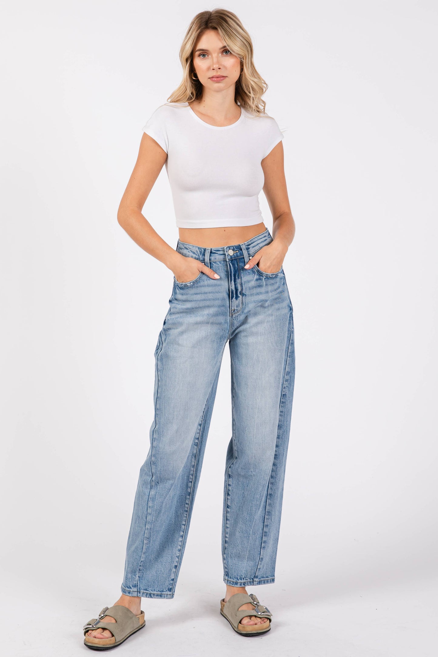 P1305X-LM SIDE SEAM DETAILING HIGH RISE COMFORT BARREL JEANS: 1/24