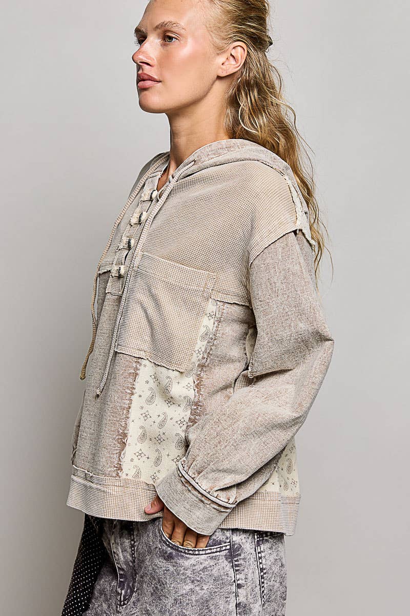 Mixed-Texture Patchwork Henley Button Patch Hoodie: DUSTY CHOCO / L