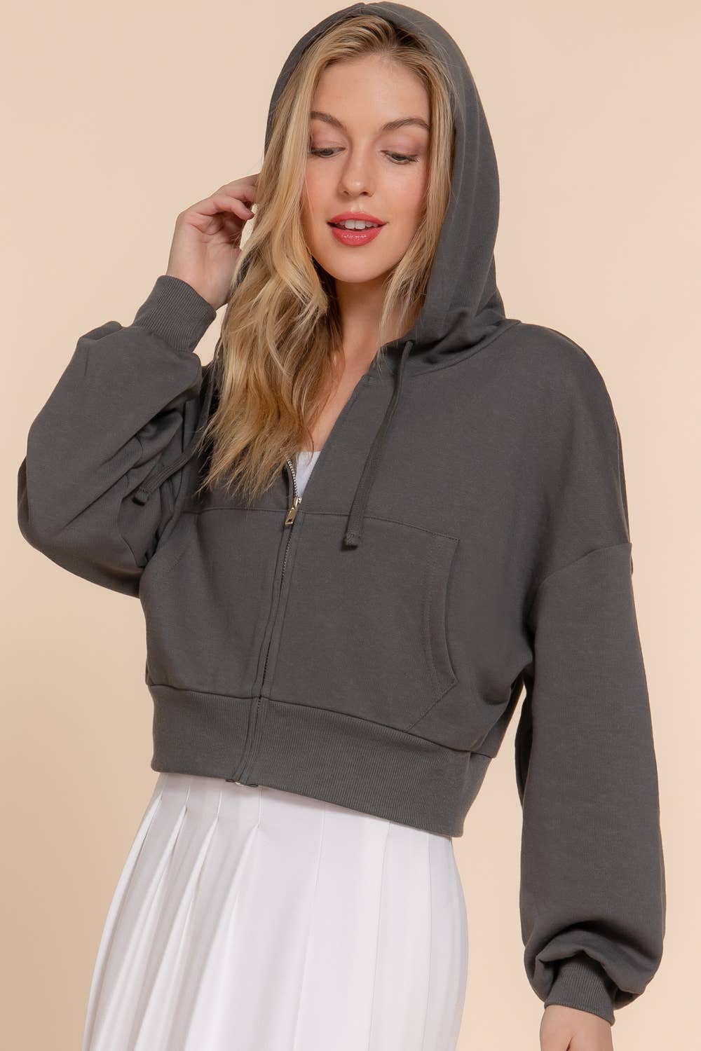 Long Sleeve Hoodie French Terry Zip Up Jacket: IVY-beige / M