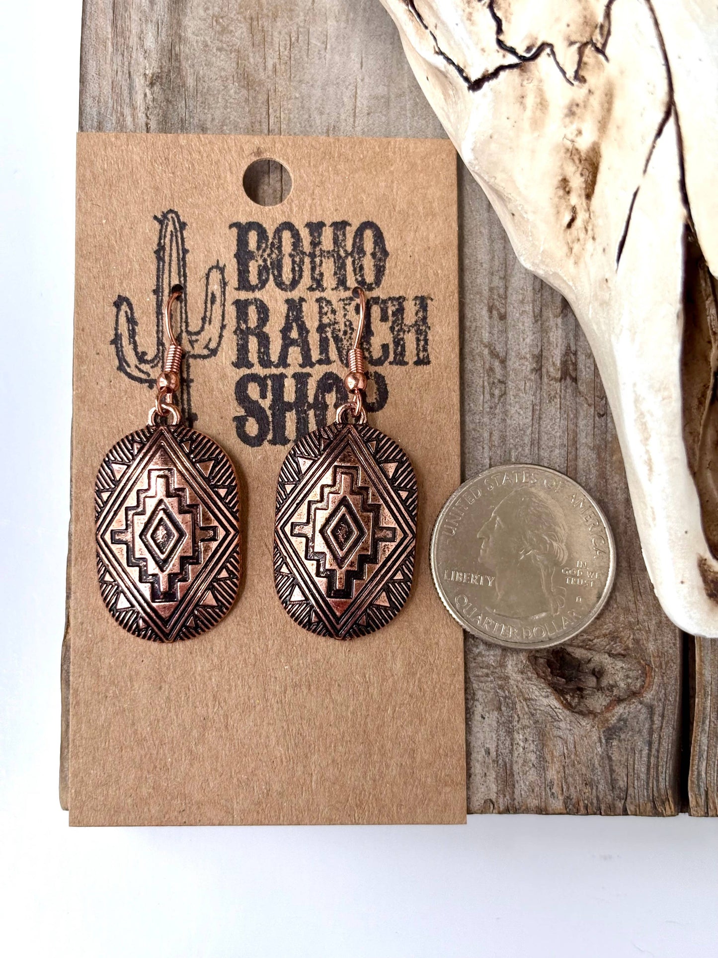 Western Engraved Aztec Drop Dangle Earrings: Silver