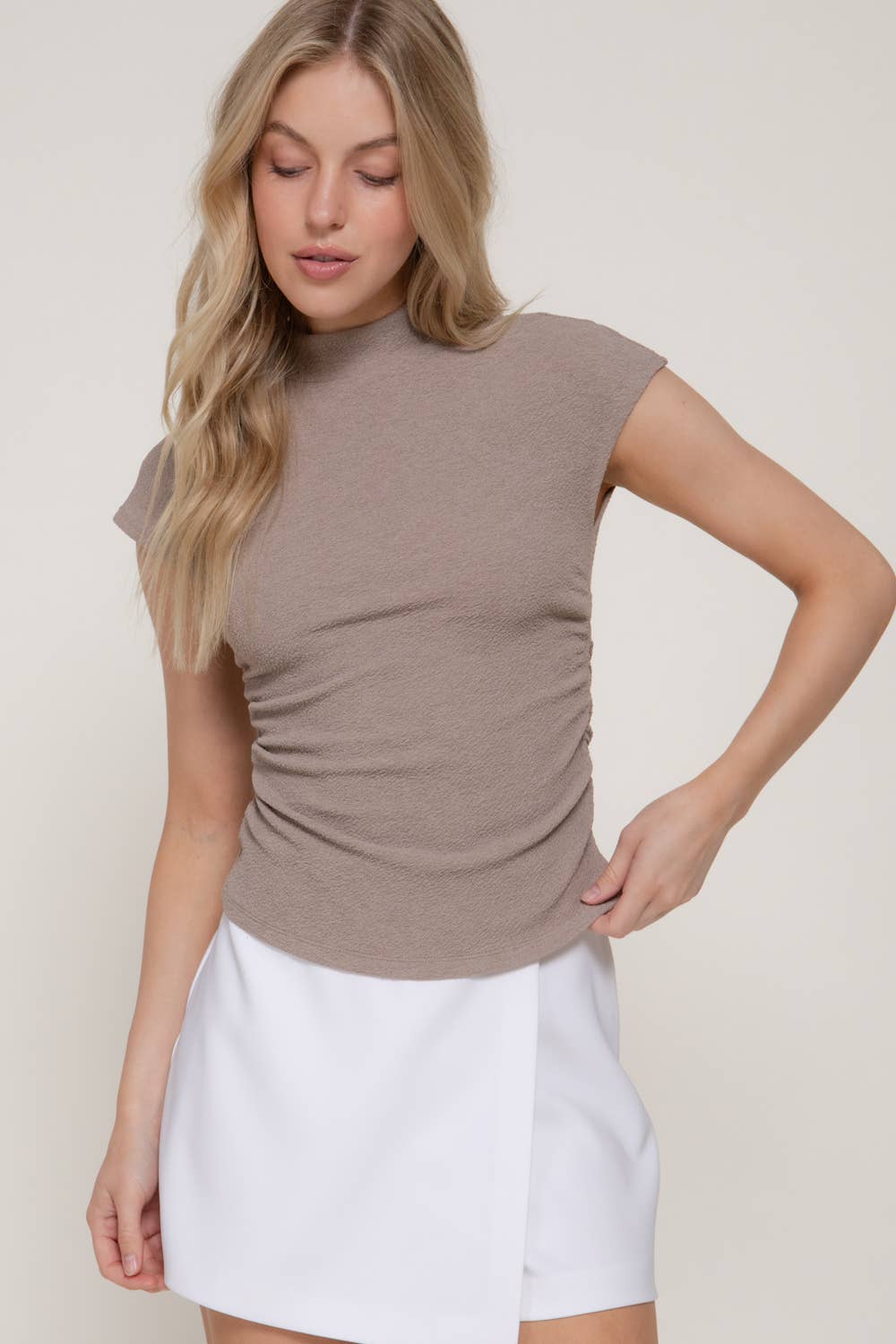 Cap Sleeve Mock Neck Side Ruched Texture Knit Top: TPE-taupe / M