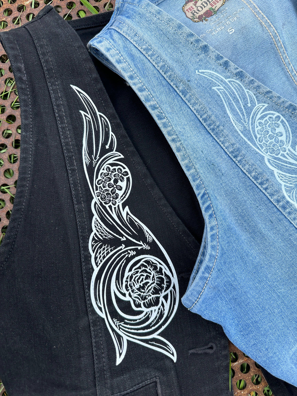 Cropped denim vest with hand tooled printed pattern: Denim / Large