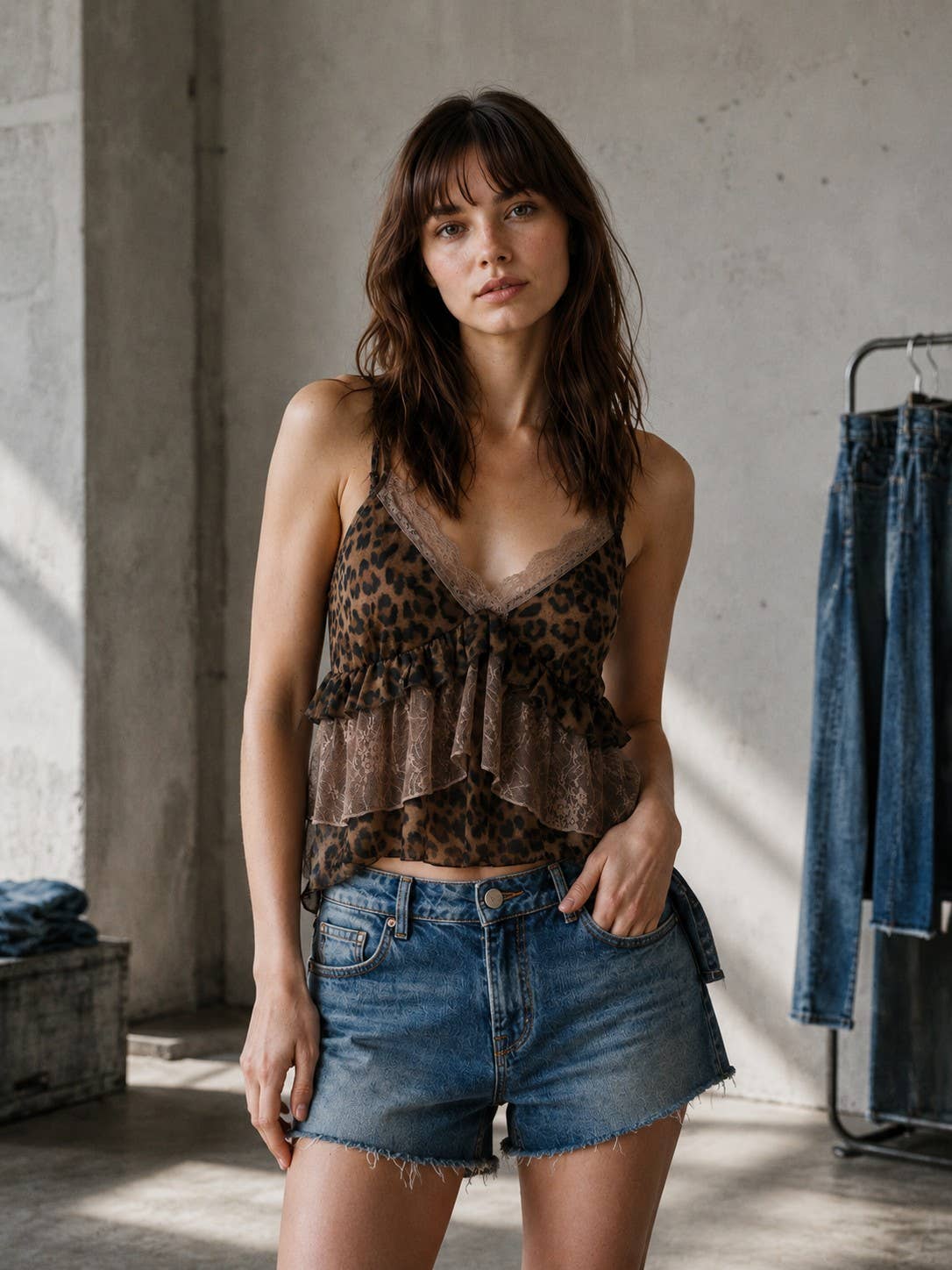 LEOPARD LACE TRIM RUFFLE LAYERED CAMI TOP: LEOPARD / S-M-L(2-2-2)