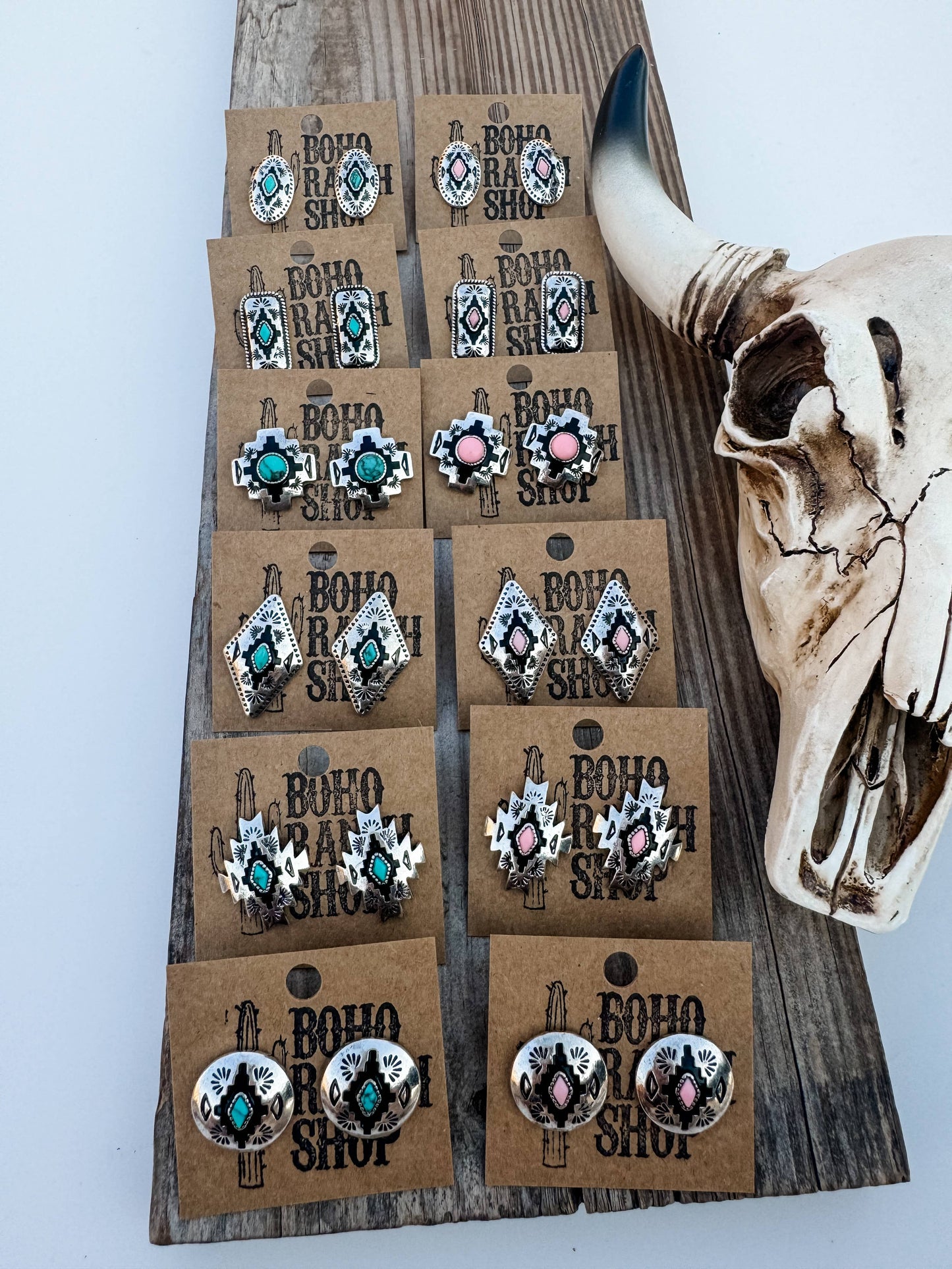 Western Hand Stone Aztec Post Earrings - turquoise pink: STYLE 3 - CROSS TURQUOISE