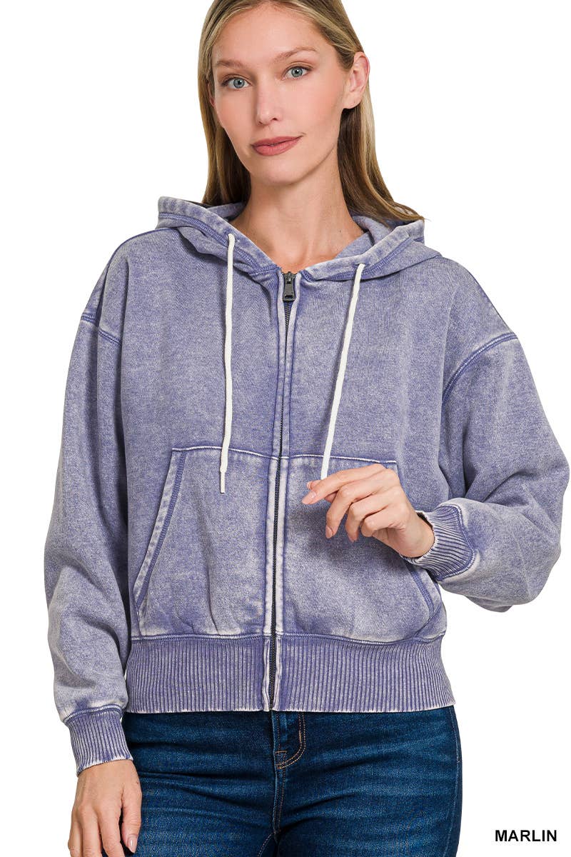 `Acid Wash Fleece Cropped Zip Up Hoodie - Zenana: MOCHA-159846 / L