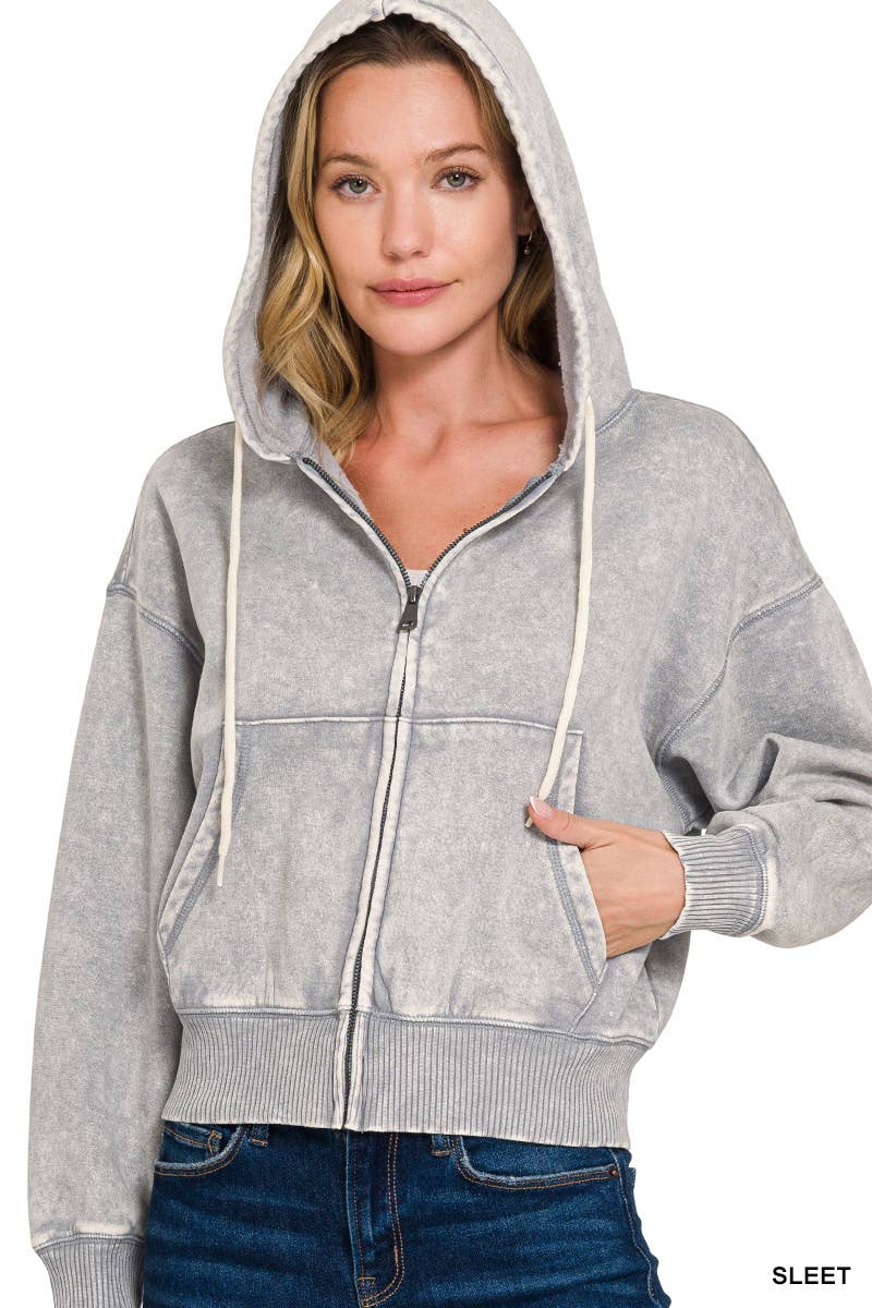`Acid Wash Fleece Cropped Zip Up Hoodie - Zenana: MOCHA-159846 / S