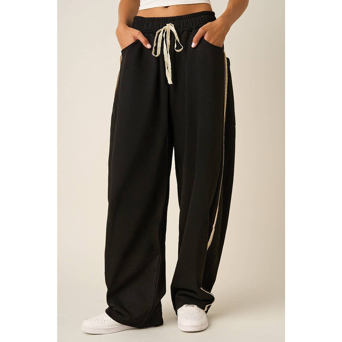 LACE TRIM BARREL LEG DRAWSTRING PANTS: MOCHA MOUSSE / S-M-L(2-2-2)