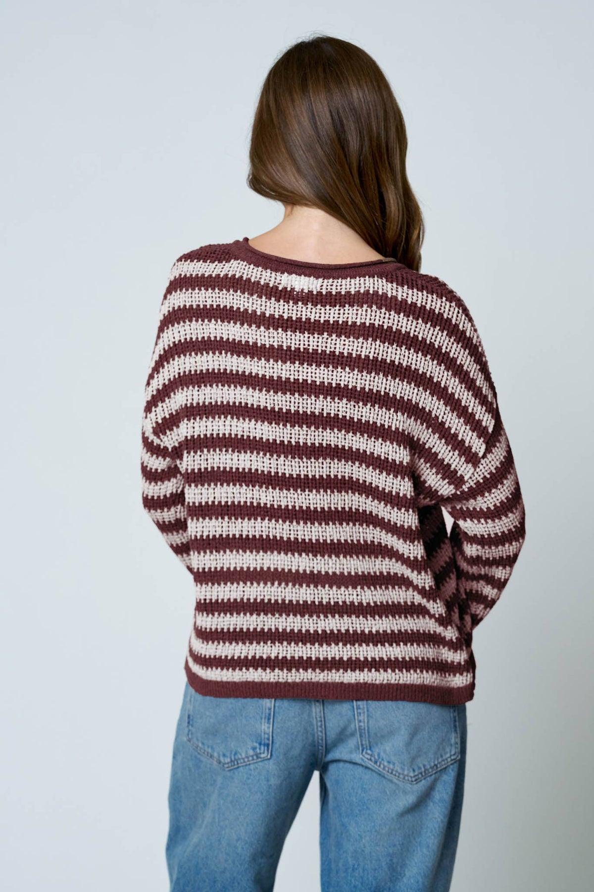 STRIPE RAW EDGE SPLIT NECK SHEER KNIT SWEATER : MOCHA