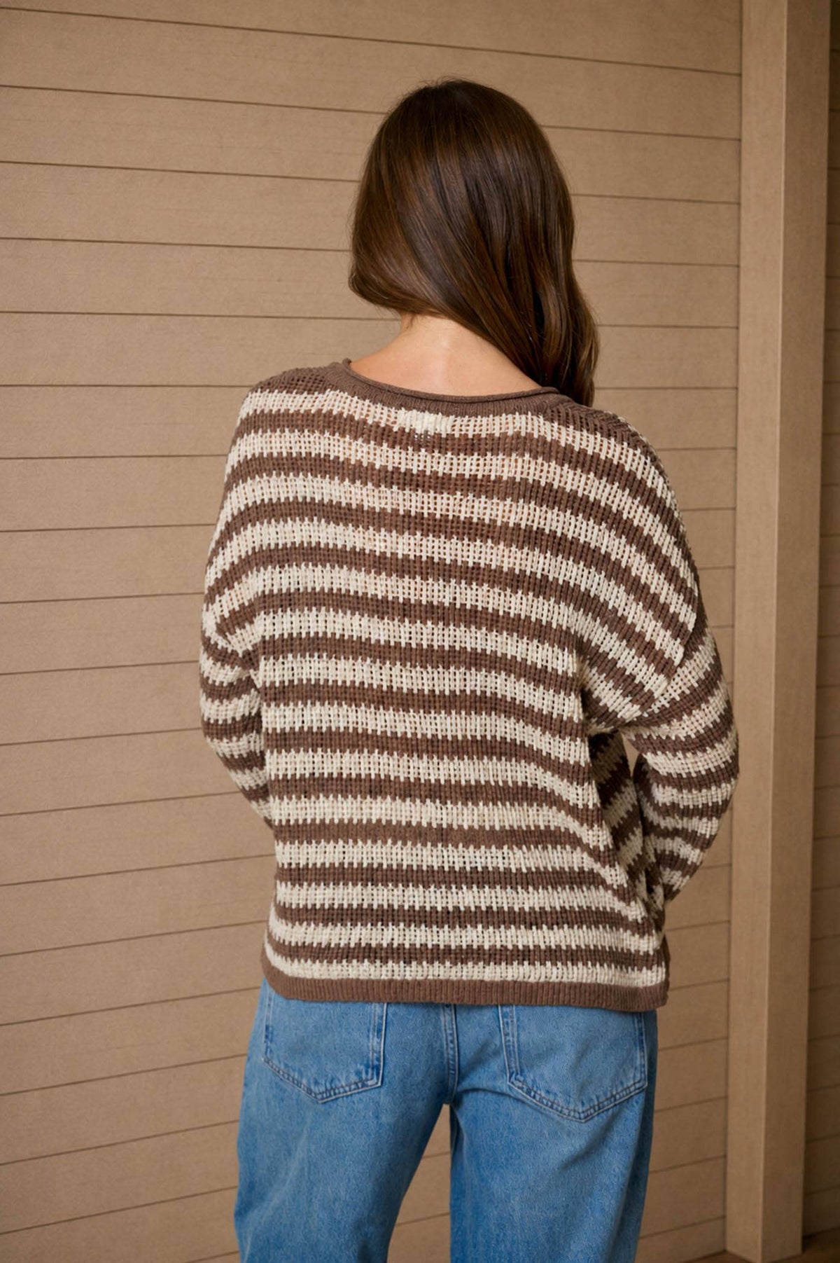 STRIPE RAW EDGE SPLIT NECK SHEER KNIT SWEATER : MOCHA