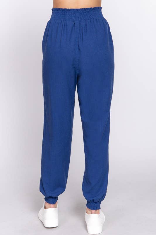Smoked Waist Linen Jogger Pants: Blk-Black / M