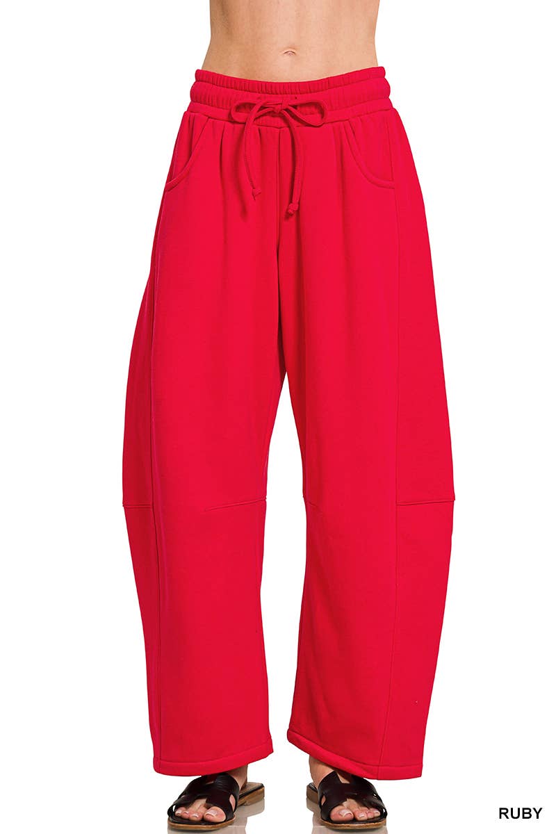 Fleece Barrel Leg Sweatpants w/ Pockets Zenana: LT BEIGE-201383 / S
