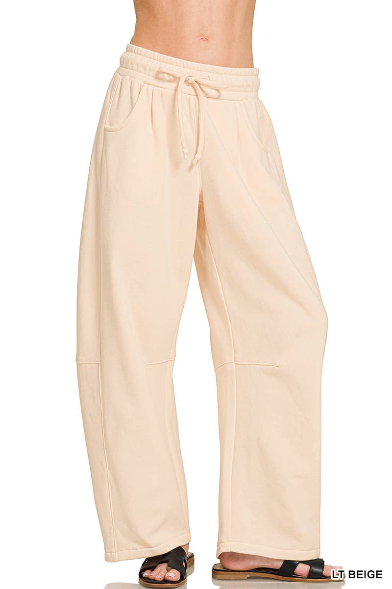 Fleece Barrel Leg Sweatpants w/ Pockets Zenana: LT BEIGE-201383 / L