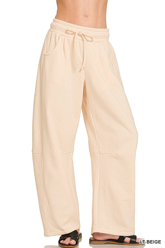 Fleece Barrel Leg Sweatpants w/ Pockets Zenana: LT BEIGE-201383 / S