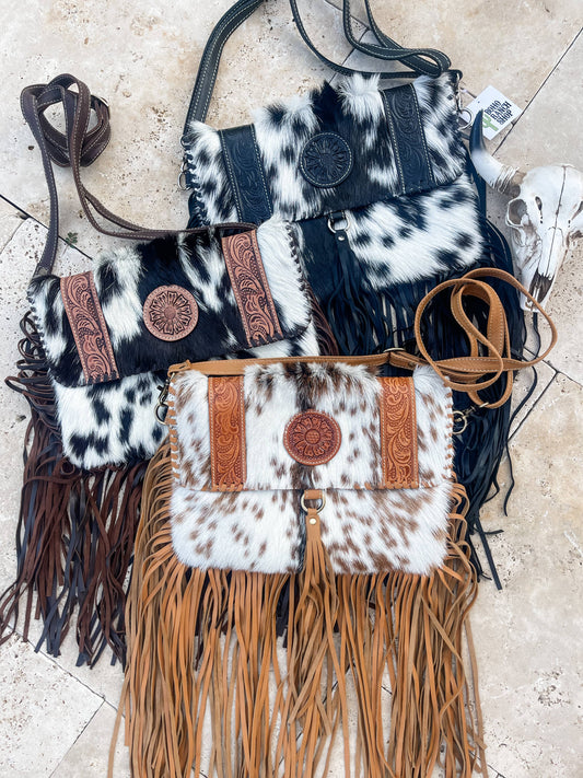 THE REGINA CROSSBODY cowhide purse bag: BLACK LEATHER