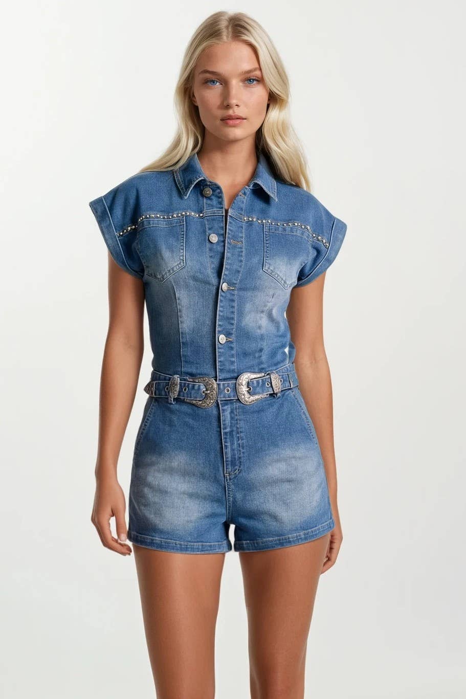 EMBROIDERED BELTED DENIM ROMPER