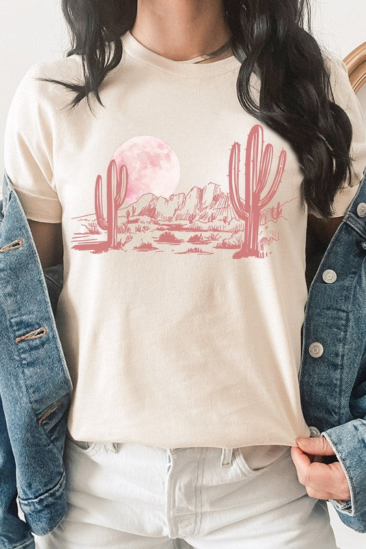 Pink Moon Night Desert Scene Cacti Graphic Tee