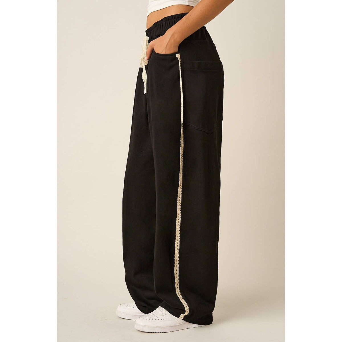 LACE TRIM BARREL LEG DRAWSTRING PANTS: MOCHA MOUSSE / S-M-L(2-2-2)