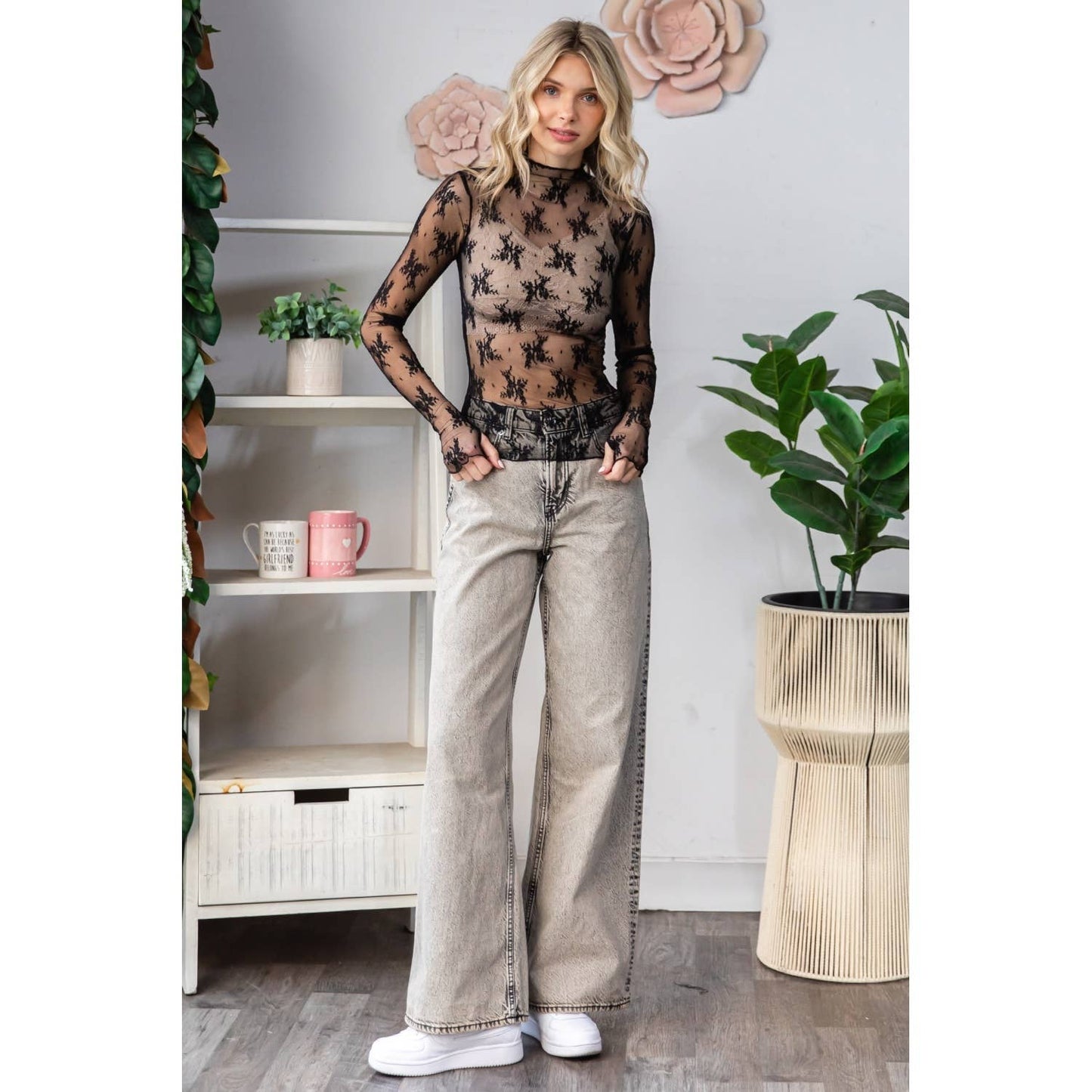 Lace Long Sleeve See Through Top