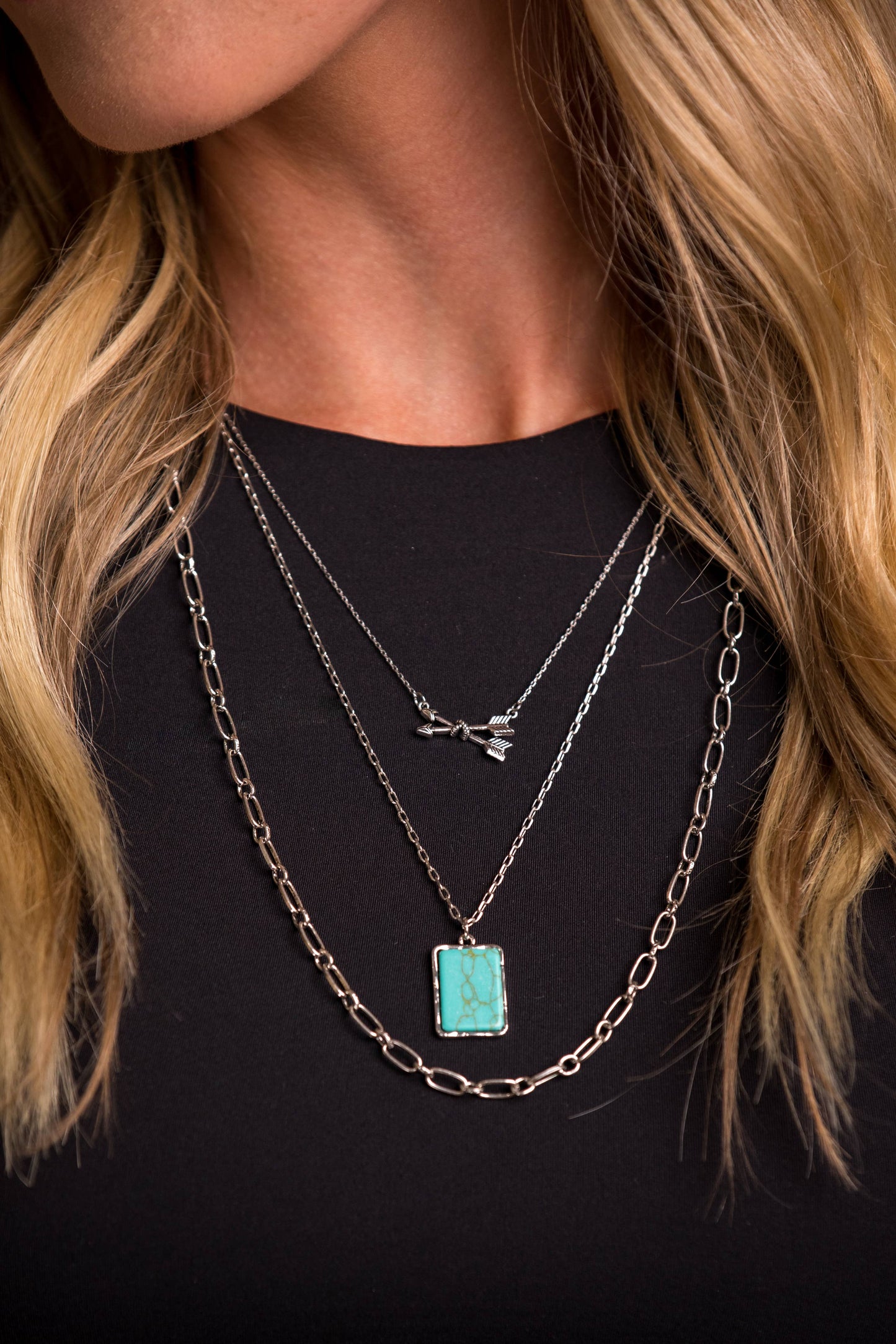 24" Layered Silver Necklace w/ Arrows & Turquoise Accents