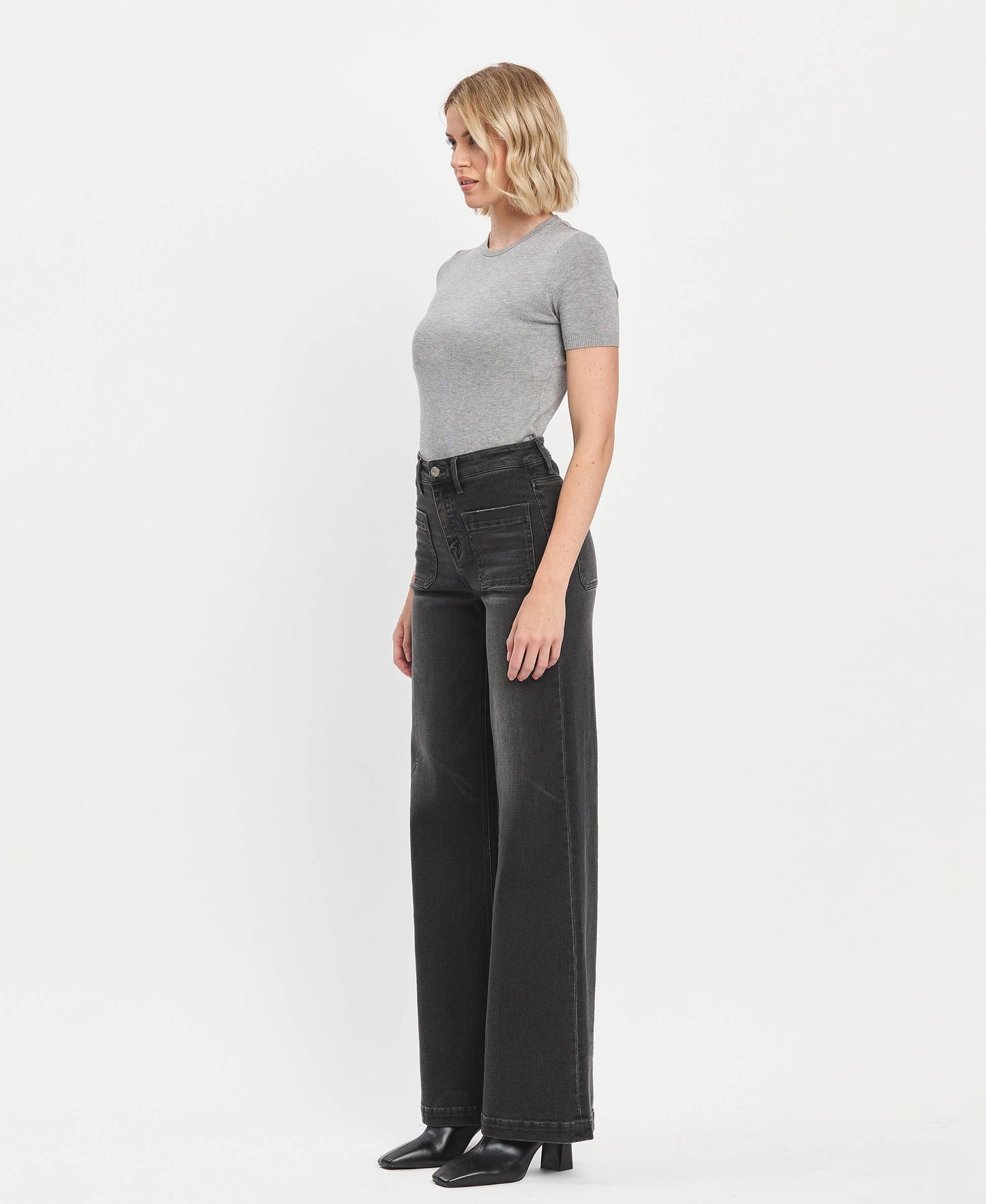 HIGH RISE PATCH POCKET BLACK WIDE LEG TROUSERS