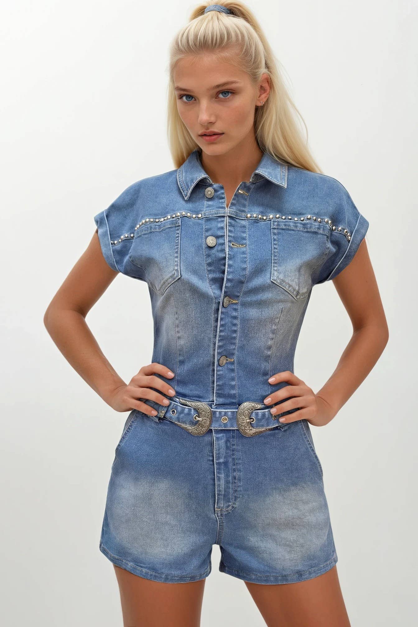 EMBROIDERED BELTED DENIM ROMPER
