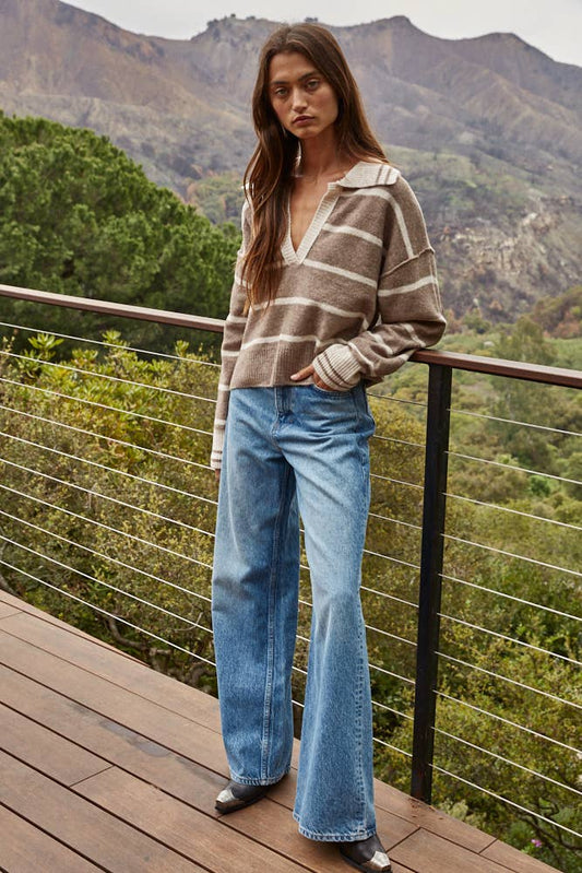 Knit Sweater Striped Collar V-Neck Long Sleeve Top