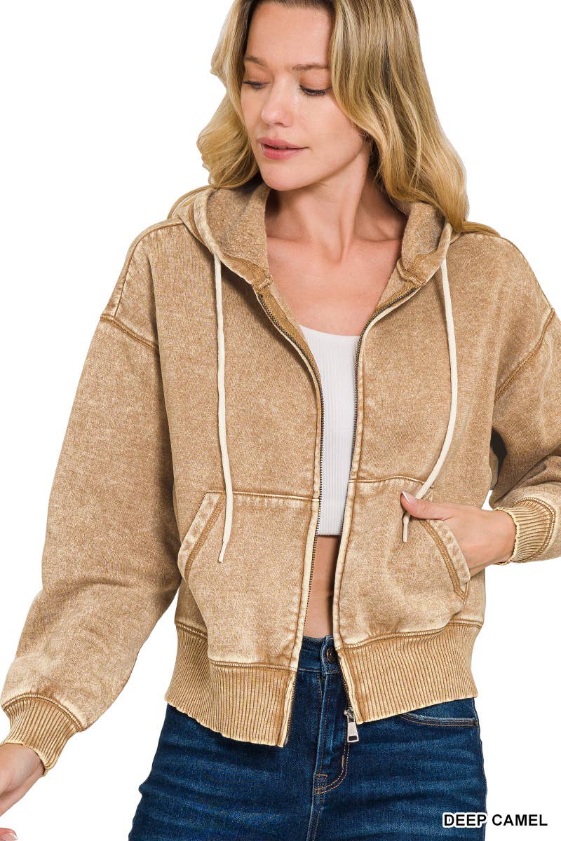 `Acid Wash Fleece Cropped Zip Up Hoodie - Zenana: MOCHA-159846 / L