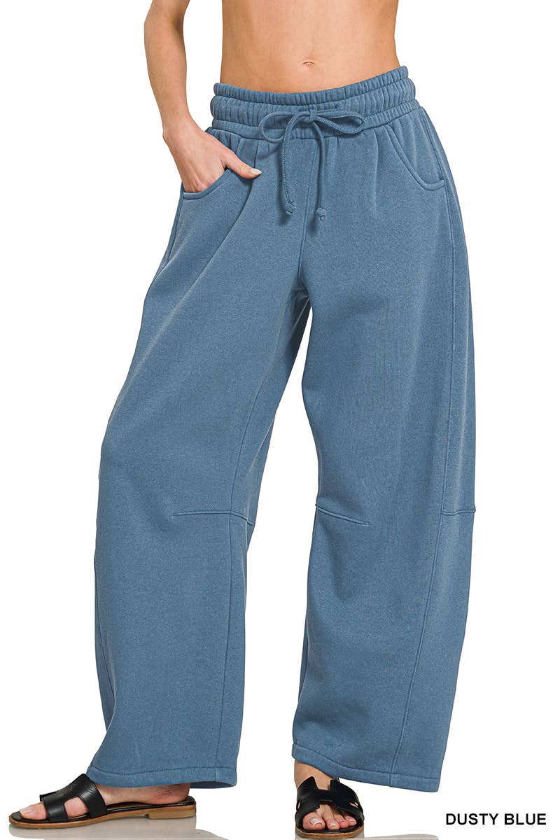 Fleece Barrel Leg Sweatpants w/ Pockets Zenana: LT BEIGE-201383 / S