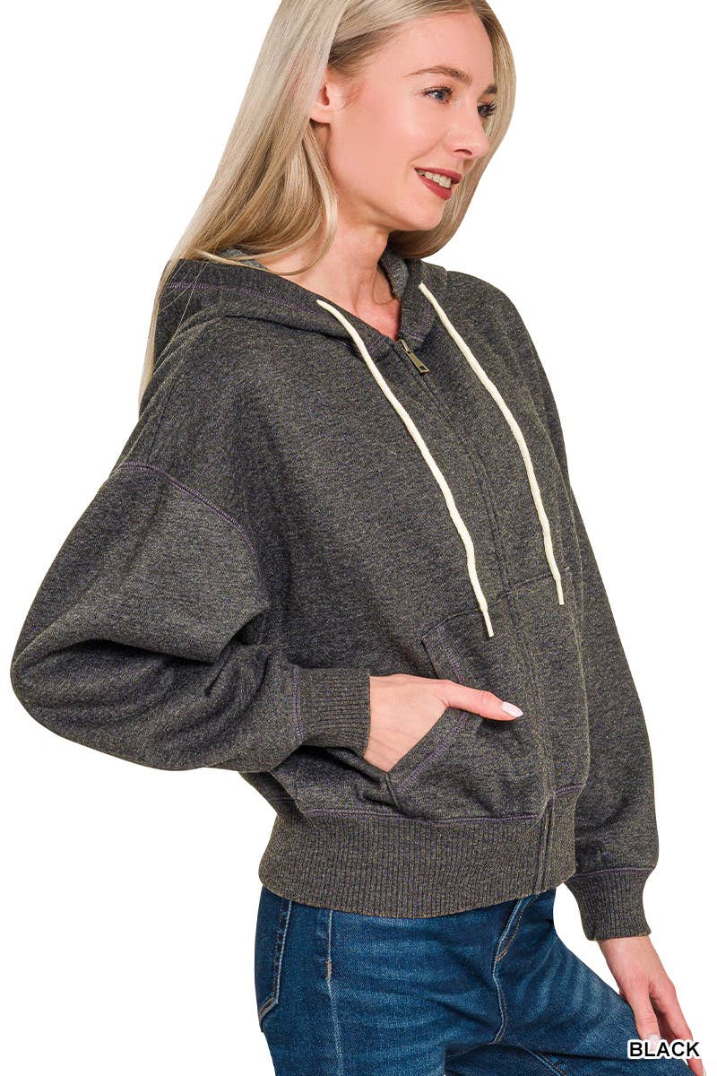 `Acid Wash Fleece Cropped Zip Up Hoodie - Zenana: MOCHA-159846 / L