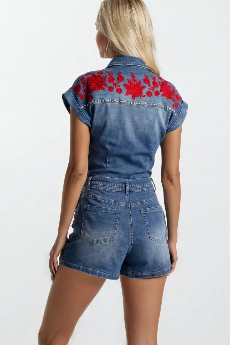 EMBROIDERED BELTED DENIM ROMPER