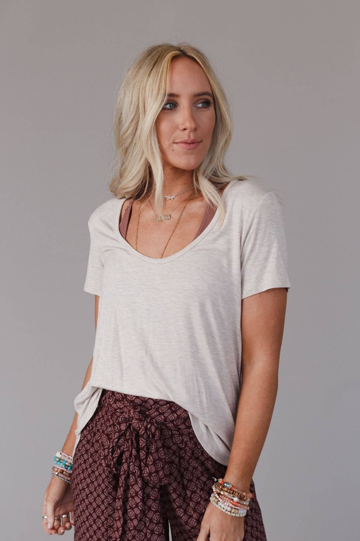 Scoop Neck Bralette Tee - Heather Oatmeal: L