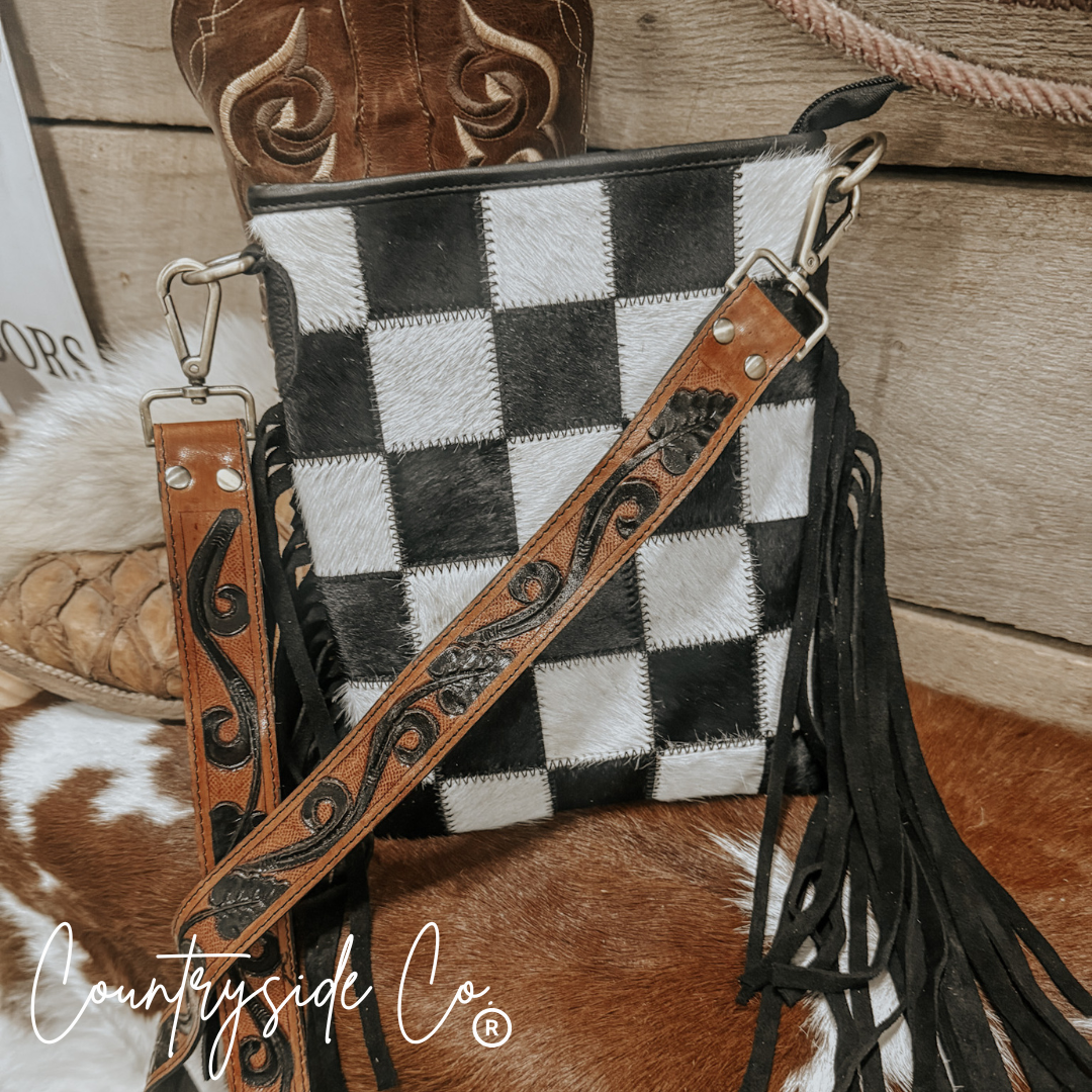 Stockyard Checkered Cowhide Fringe Purse, Black & White
