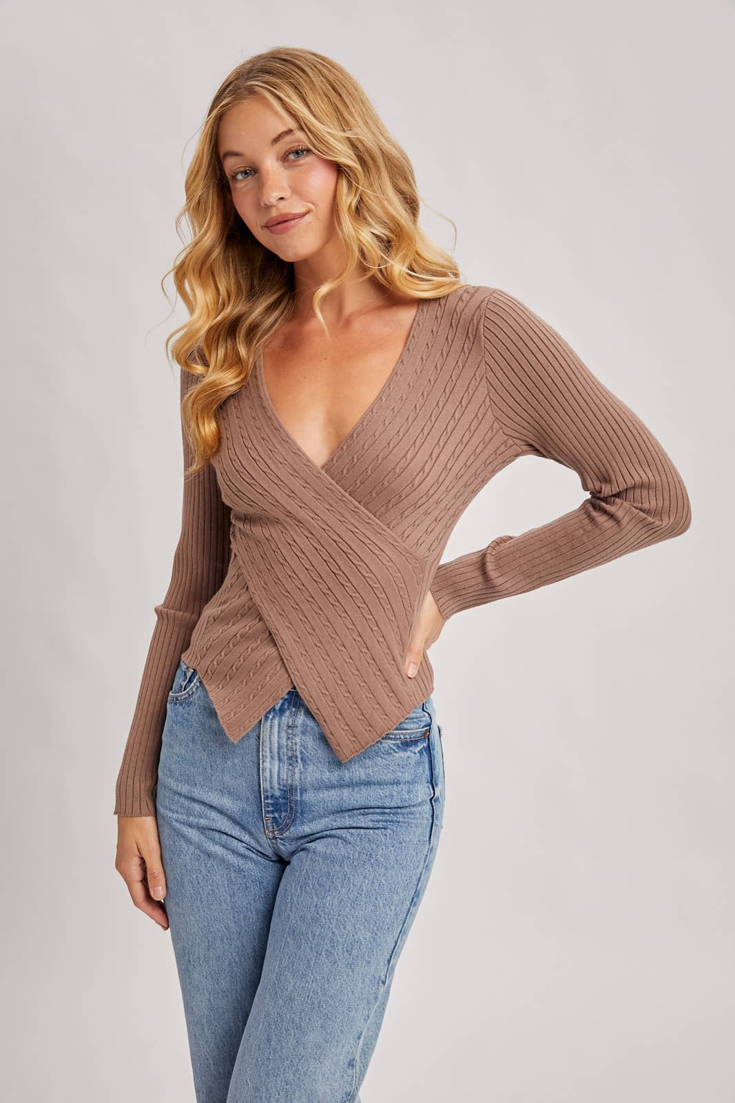 V-NECK FIXED-WRAP KNIT SWEATER TOP