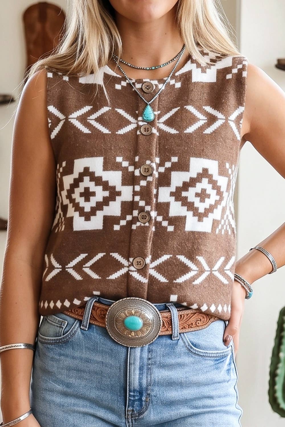 LDC Western Button Square Neck Sweater Vest: Brown / S