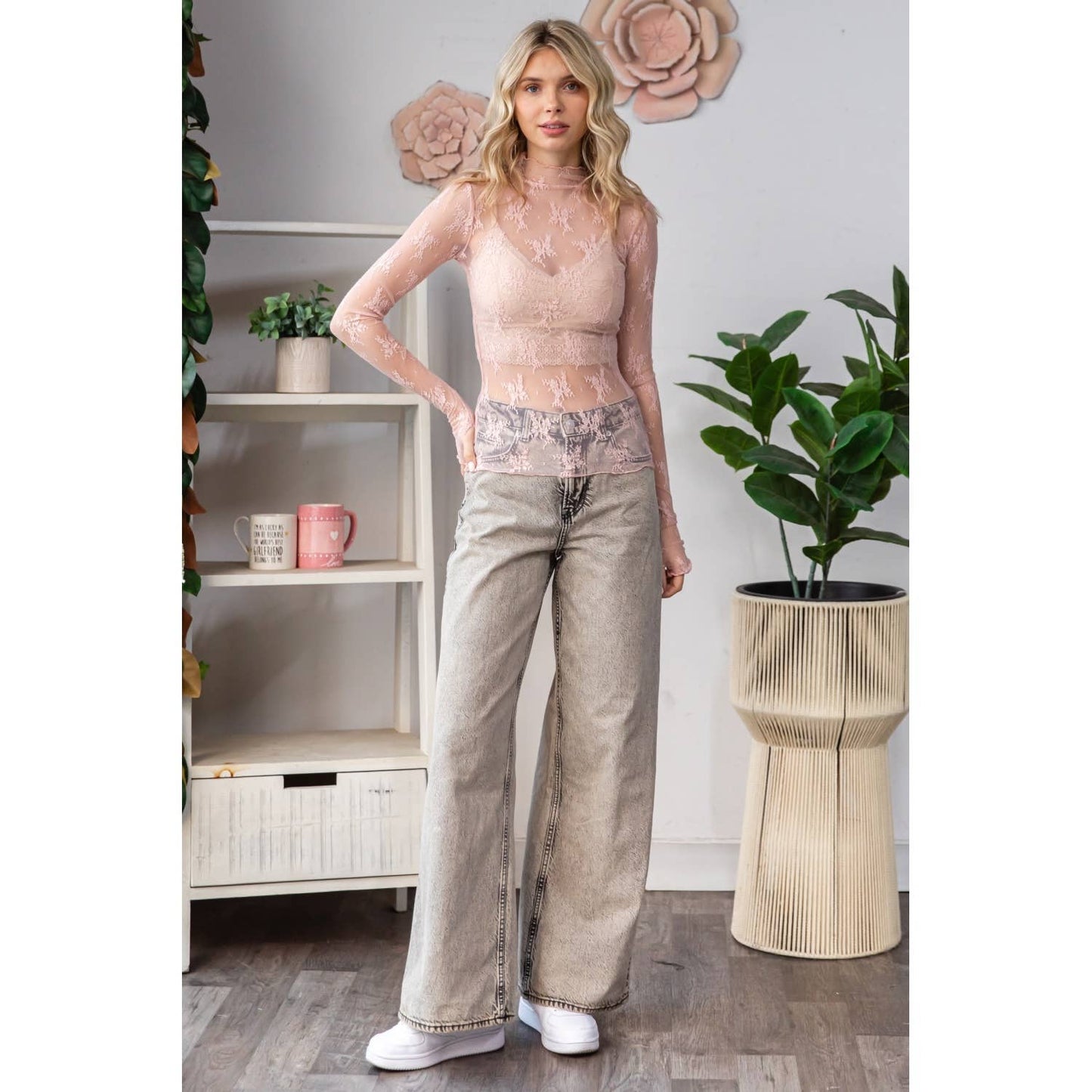 Lace Long Sleeve See Through Top