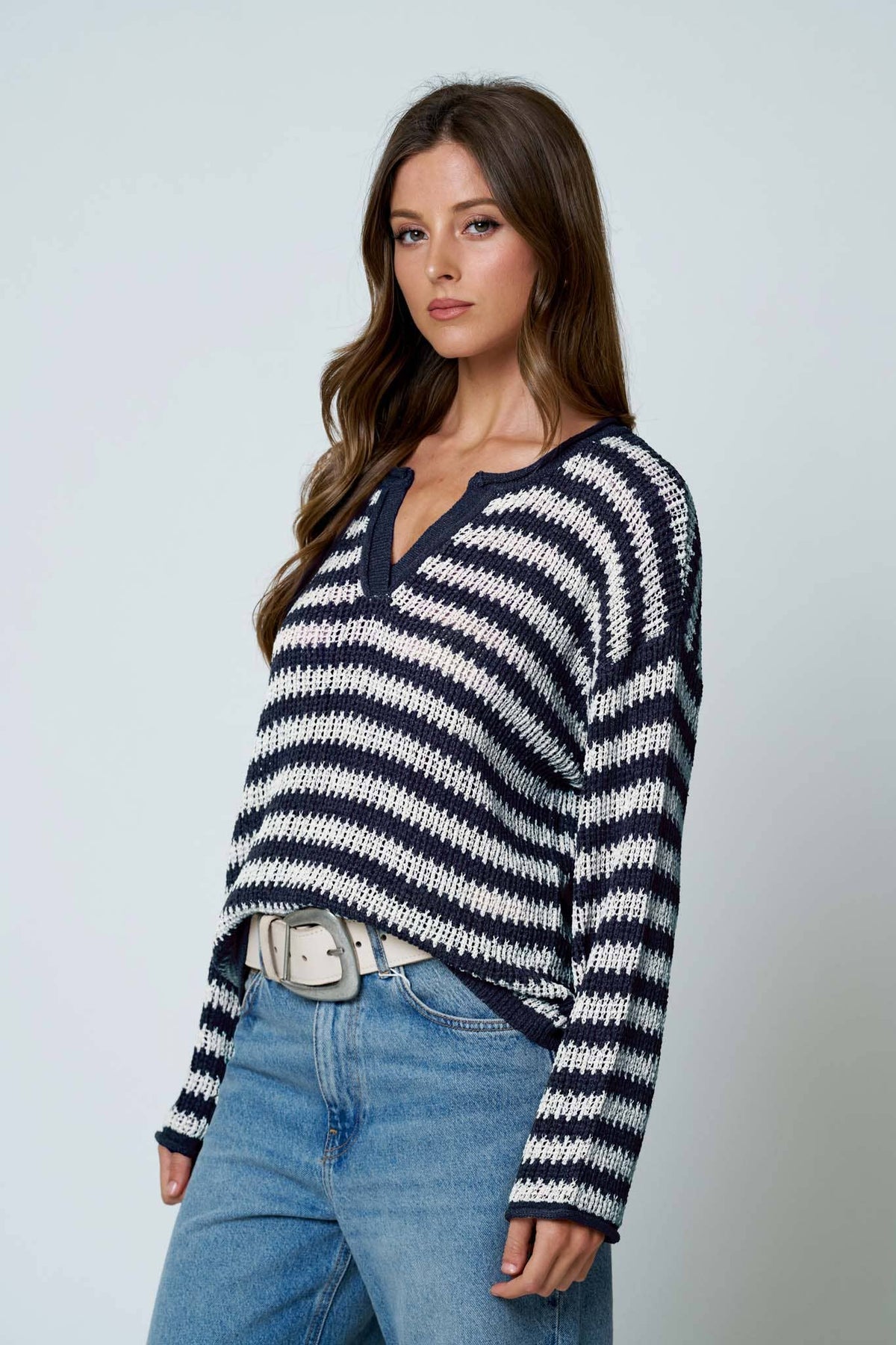 STRIPE RAW EDGE SPLIT NECK SHEER KNIT SWEATER : MOCHA