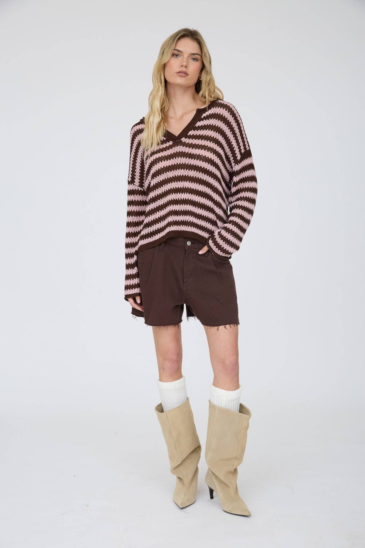 STRIPE RAW EDGE SPLIT NECK SHEER KNIT SWEATER : MOCHA
