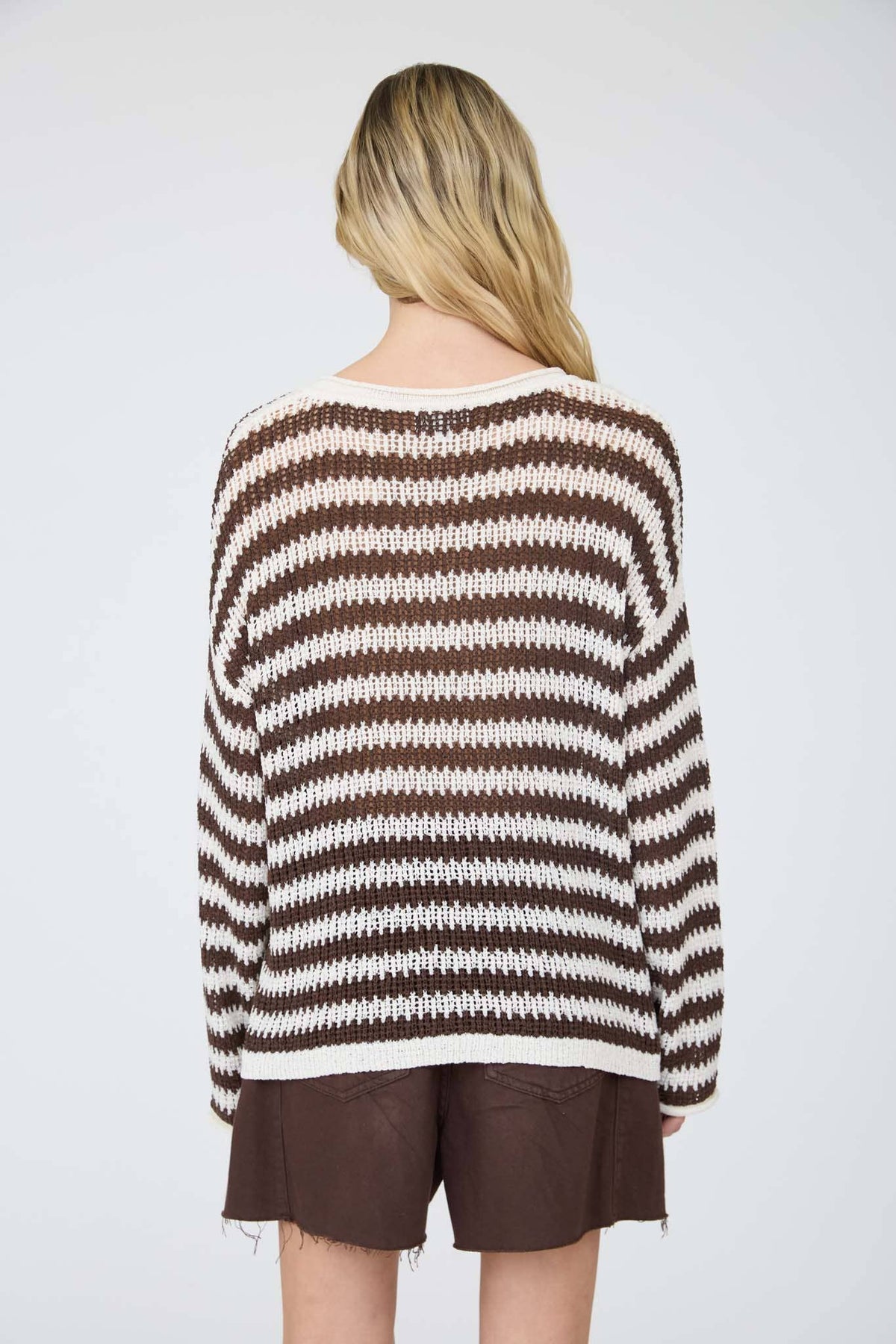 STRIPE RAW EDGE SPLIT NECK SHEER KNIT SWEATER : MOCHA